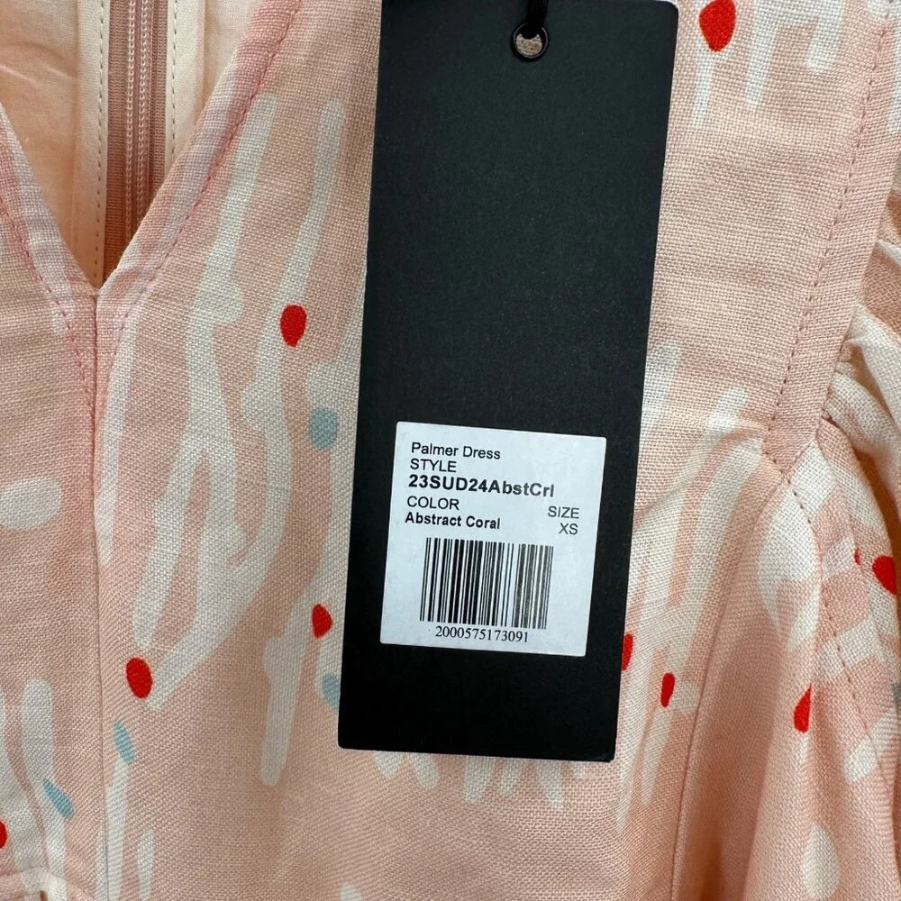 Hunter Bell Abstract Coral Palmer Linen Maxi Dress size XS Puff Sleeve Tiered - Picture 7 of 16